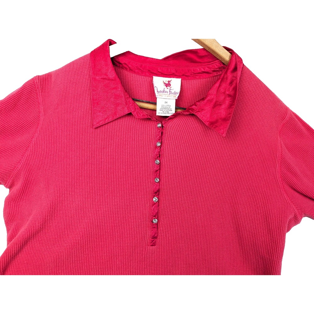 Quacker Factory Thermal Waffle Knit XXL Long Sleeve Rhinestone Buttons Cranberry